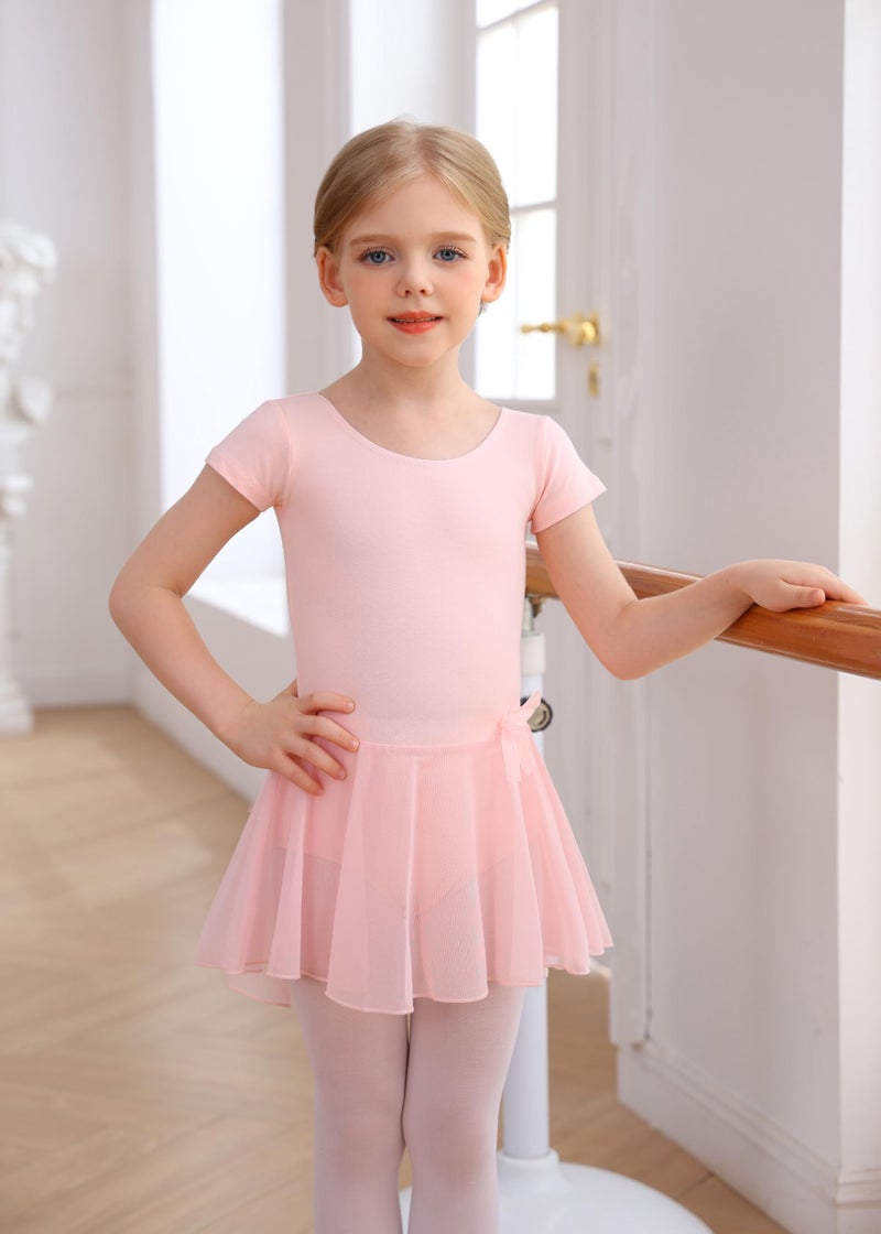 MdnMd Short Sleeve Skirted Dance Ballet Leotard Ballerina Dress Costume for Girls (Age 6-8,Ballet Pink) - Image 3